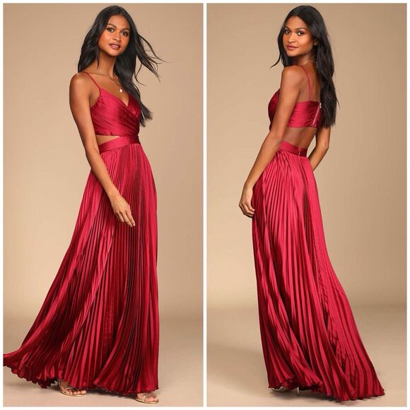 Lulus Got the Glam Dress Women's M Wine Red Maxi Pleated Cutout NWT - Picture 1 of 9